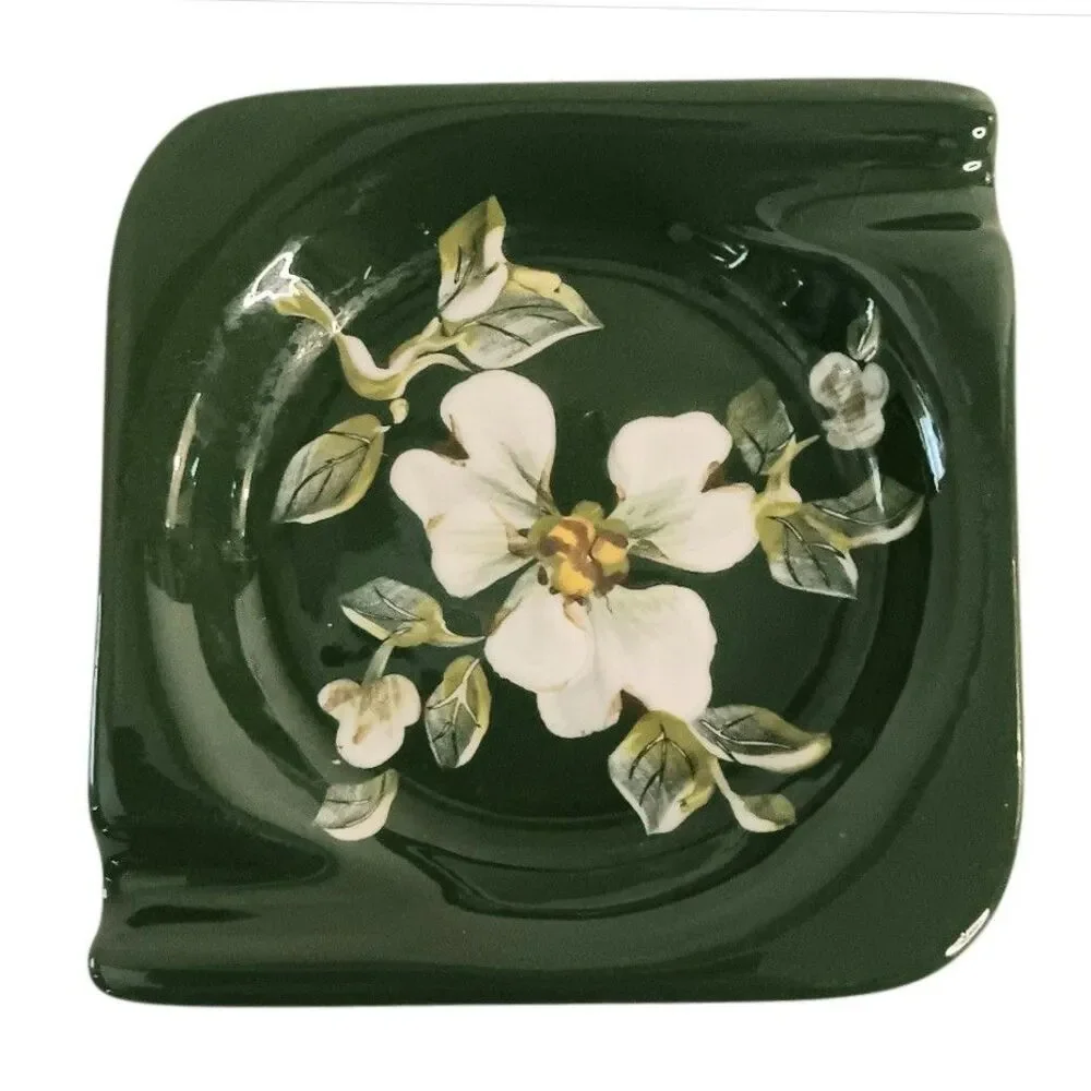Vintage Square Ashtray Green White Floral Vee Jackson California Pottery 3.5